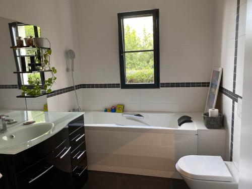 une salle de bain avec une baignoire, un lavabo et des toilettes dans l'établissement Villa familiale à la campagne avec vue sur le fleuve - proche de Bordeaux, à Bourg