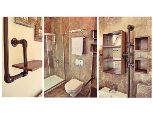 three pictures of a bathroom with a shower and a toilet at Brera Alacati - Special Category in Alaçatı