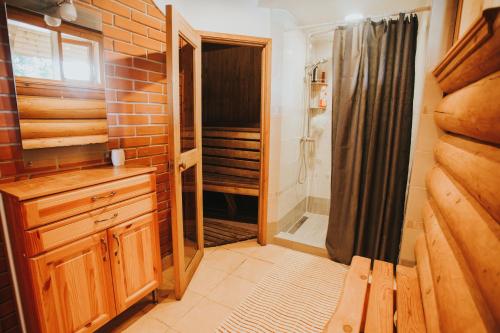 a bathroom with a walk in shower and a sink and a shower at Brīvdienu māja ar pirti "Strautkalni" in Ieriķi