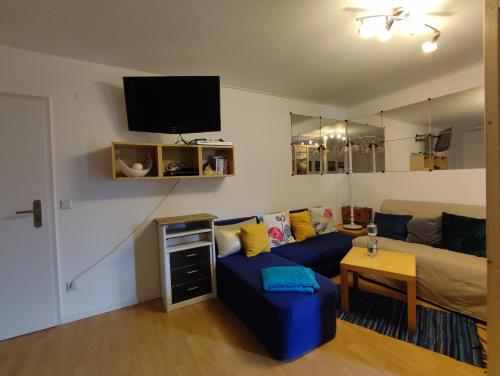 a living room with a blue couch and a bed at Ferienwohnung Schloßgast im Oberen Donautal in Hausen im Tal