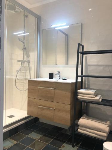 une salle de bain avec un lavabo et une douche dans l'établissement Les Ateliers de la Villette Meublé de tourisme classé 2 étoiles T3, à La Ravoire