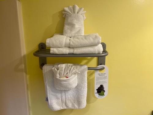 a group of towels on a rack in a bathroom at Magnolia Inn Extended Stay of Kingsland - New 2023 - Book a Kitchen Room - 12 Noon Check Out - Sleep In Late - Better Sleep - Ultra Sparkling - Pool open until until 2AM - Stay and Save Today - 24 Hour Front Desk - Premium Coffee Bar - Award Winning Inn in Kingsland