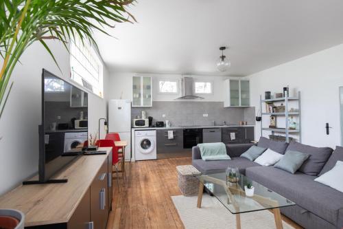 un salon avec un canapé et une table dans l'établissement *Le Cosy* 3 chambres hypercentre - Parking - Wifi, à Avignon