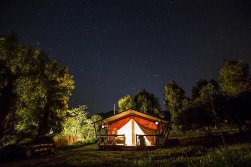 a lit up tent in a field at night at Tienda de Safari Almagro in Montecorto