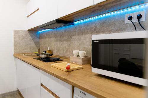 a kitchen with a counter top with a microwave at The Central Border Premium Apartment in Štúrovo