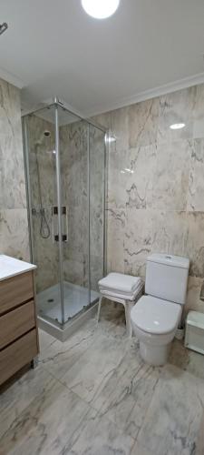 a bathroom with a shower and a toilet and a sink at La Escollera Noja in Noja