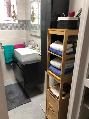 uma casa de banho com um lavatório e uma prateleira com toalhas em Appart Nice Marguerite em Nice