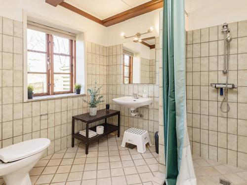 埃伯魯普的住宿－Holiday home Ebberup VI，浴室配有卫生间水槽和淋浴。