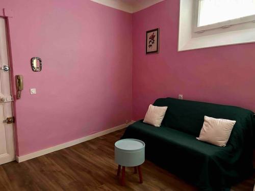 een woonkamer met een groene bank en een roze muur bij Studio place St Didier in Avignon
