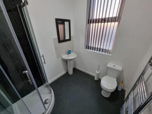 uma casa de banho com um chuveiro, um WC e um lavatório. em PL Liverpool em Liverpool