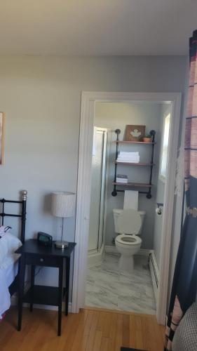 a bathroom with a toilet and a table with a lamp at Bryson's Bed and Breakfast in Baddeck