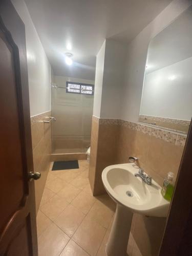 a bathroom with a sink and a shower at Hermosos Departamentos con Vista a los Nevados in Riobamba