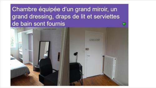 - une capture d'écran d'une chambre d'hôtel avec un lit et un miroir dans l'établissement chambre dans une colocation, à Rennes