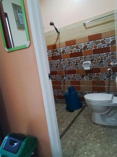 a bathroom with a toilet and a brick wall at D&D Travellers INN in Puerto Princesa City