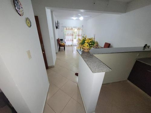 eine Küche mit einer Theke mit einer Blumenvase darauf in der Unterkunft Departamentos Graciela federacion in Federación