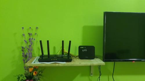 a green wall with a shelf with a computer monitor at SERI LAGENDA APARTMENT 3 in Kuah