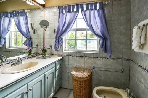 a bathroom with purple curtains and a sink and a toilet at Little Rock Cottage in Cobbs Cross