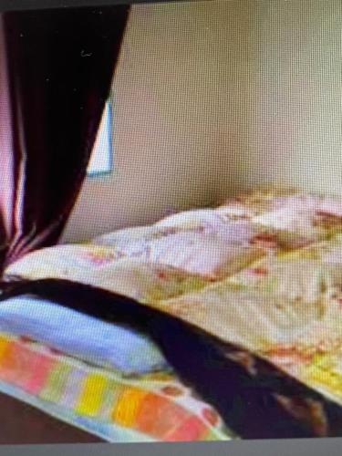 a close up of a bed with a colorful blanket at "Cherry House" is Direct to Narita,Haneda AP, Disney, Asakusa, Skytree Tower, Tokyo in Matsudo