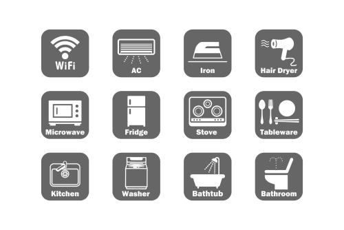 a set of black and white icons on the subject of water and electricity at OUCHI HOTEL Otemachi in Hiroshima