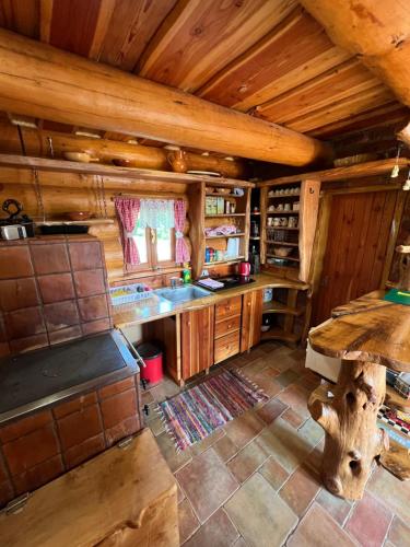 uma cozinha com armários de madeira e um fogão numa cabina em Kuća za odmor “Mita” em Sveti Martin na Muri