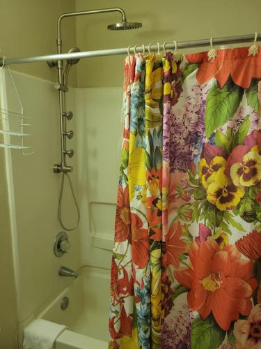 a shower curtain with a colorful flower pattern at Express Inn and Suites in Gastonia