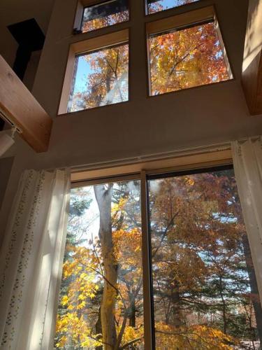 two windows in a room with trees in the background at 木漏れ日ハウス in Karuizawa