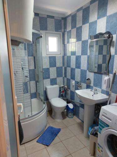 W łazience znajduje się toaleta, umywalka i prysznic. w obiekcie EL Mar Sole w mieście Eforie Sud