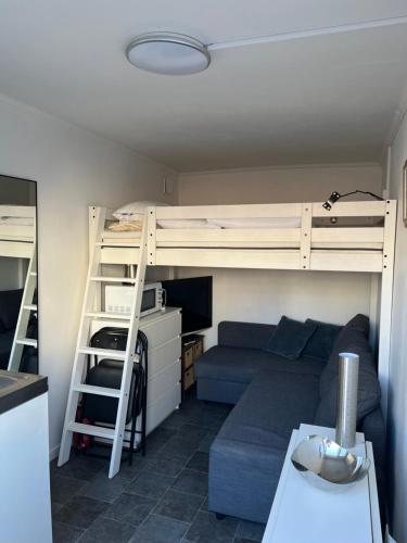 - un salon avec un canapé et des lits superposés dans l'établissement Cosy compact living with gym access., à Heberg