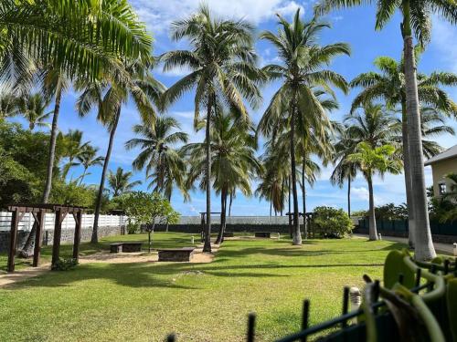un parc avec des palmiers, un banc et l'océan dans l'établissement Oasis Pied Dans L'Ô, La Saline Les Bains., à La Saline les Bains