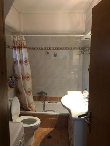 a bathroom with a toilet and a tub and a sink at The best view in Zakharo