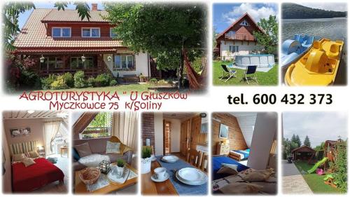 een collage van foto's van een huis en een huis bij Agroturystyka U Głuszków in Myczkowce