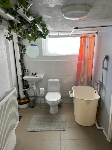 a bathroom with a toilet and a sink at Cosy compact living with gym access. in Heberg