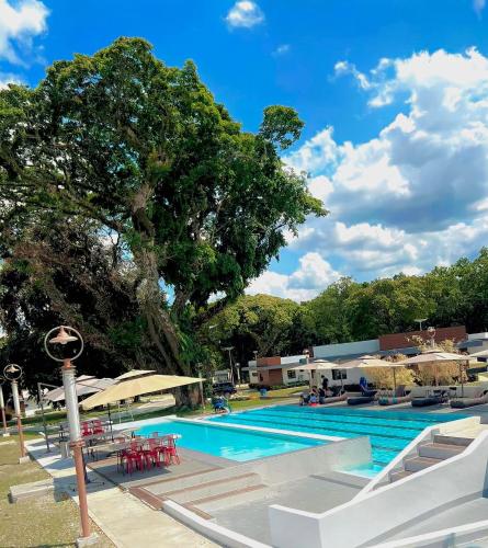 a swimming pool with tables and chairs and a tree at Aurora Villas and Cabin Resort in Clark