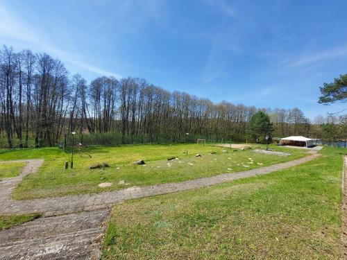 un champ herbeux avec un chemin de terre dans l'établissement Ośrodek Wypoczynkowy Caritas, à Wałcz