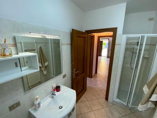 ein Bad mit einem Waschbecken und einer Glasdusche in der Unterkunft Torre Ferienwohnung mit Garten in San Siro