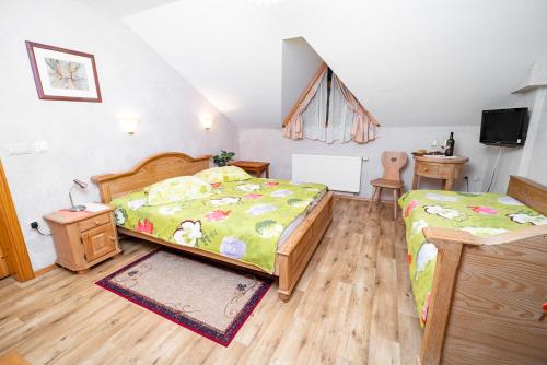 a bedroom with two beds and a tv in it at Guesthouse Močivnik in Okroglice