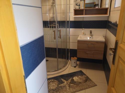 y baño con ducha y lavamanos. en Müllers Wellness Ferienhaus, en Döbrököz
