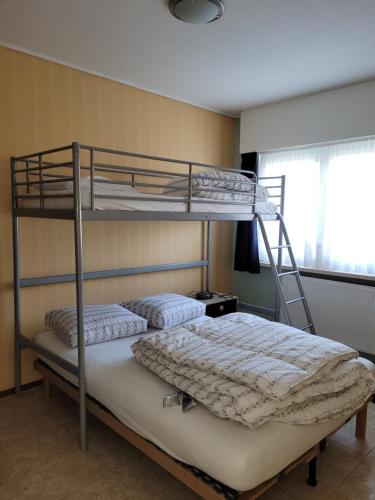 a bedroom with two bunk beds and a ladder at Gezellige vakantiewoning Alice in Middelkerke