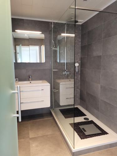 een badkamer met een douche en een wastafel bij Gezellige vakantiewoning Alice in Middelkerke
