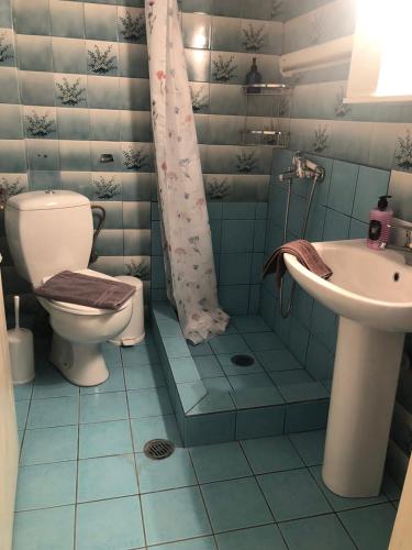 a bathroom with a toilet and a sink at Central apartment in Iraklitsa