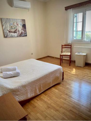 a bedroom with a bed and a chair in it at villamaria in Makrádes