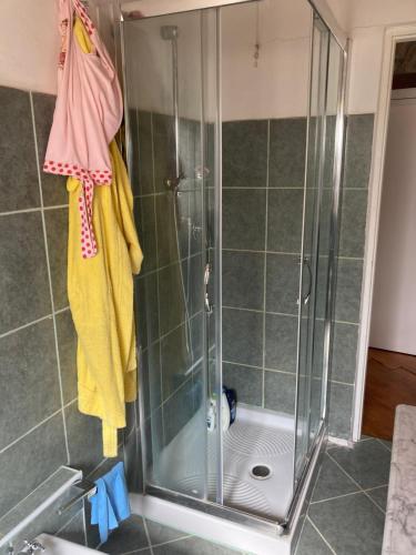 una ducha con puerta de cristal y toalla amarilla en Casa in sasso con piscina, en Vernasca
