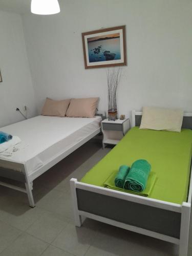two beds in a room with green and white at argiri appartments in Olympiada