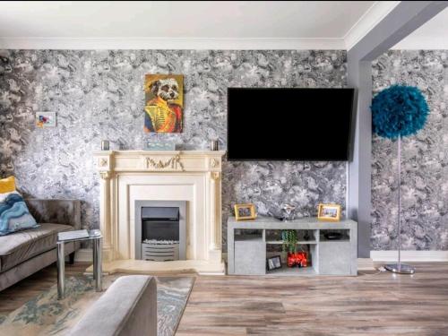 a living room with a fireplace and a flat screen tv at Spacious house City skyline and mountain views close too belfast centre and airports free parking in Belfast