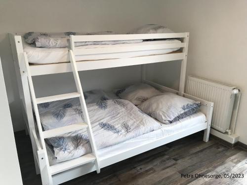 a white bunk bed with three pillows on it at Ferienhaus im Harz in Harzgerode