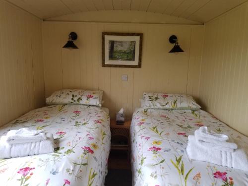 two beds in a small room with towels on them at Rhydydefaid Cwt Clyd - Cosy Hut in Bala