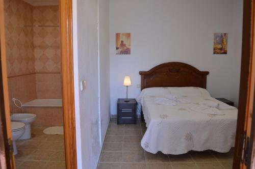 Schlafzimmer mit einem Bett, einer Badewanne und einem WC in der Unterkunft Nuevo Hotel Capitolio in Valdepeñas