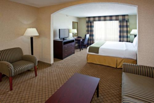 a hotel room with a bed and a desk at Holiday Inn Express Hotel & Suites Anderson by IHG in Anderson