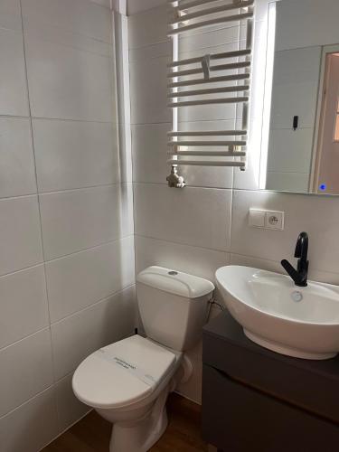 Baño blanco con aseo y lavamanos en Apartament na Starówce Boho en Pszczyna