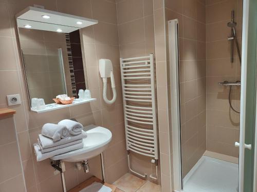 La salle de bains est pourvue d'un lavabo et d'une douche. dans l'établissement Logis Hotel Les Playes, à Villard-de-Lans